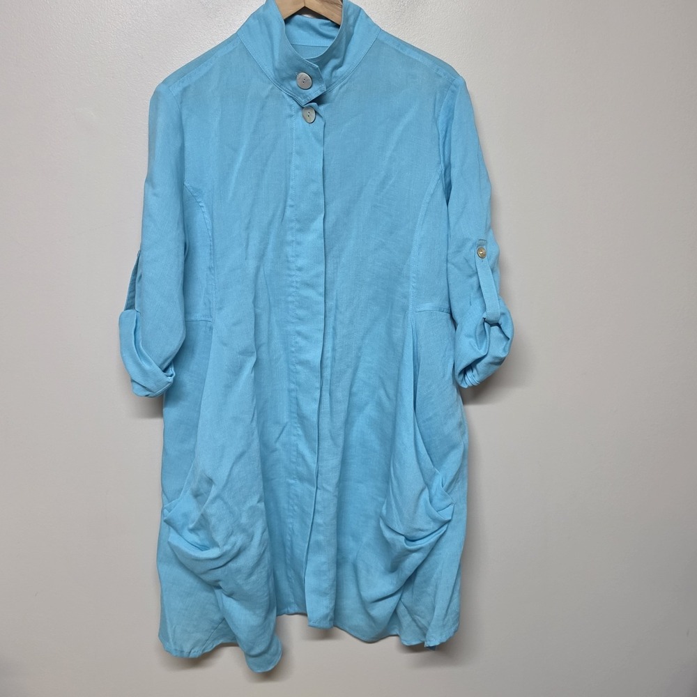 Fridaze Linen Tunic Top Size L Aqua Blue Lagenlook Oversized Roll Tab Shirt